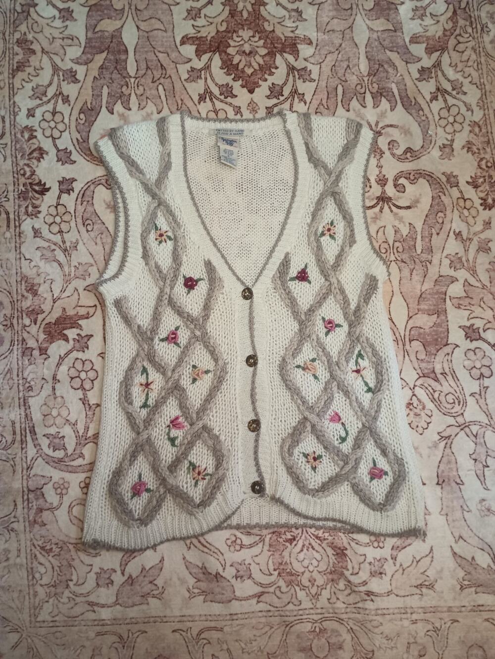 Vtg Huntington Ridge Womens Cottagecore Bobble Knit Sleeveless Cardigan M Floral